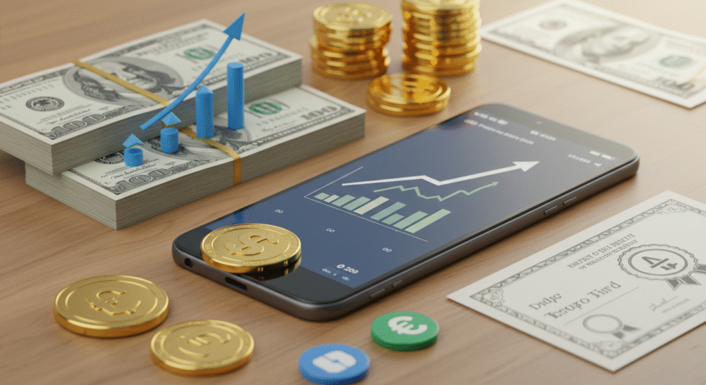 Ilustração de diversos tipos de investimentos como ações, títulos, e gráficos de crescimento, mostrando opções para investir dinheiro.