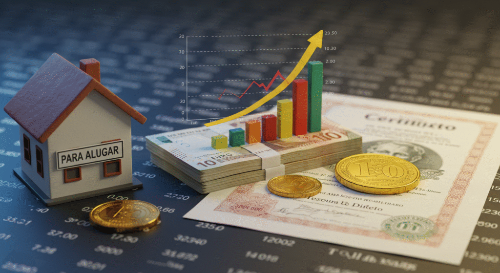 Ilustração de ativos para renda passiva (casa, dinheiro, certificado).
