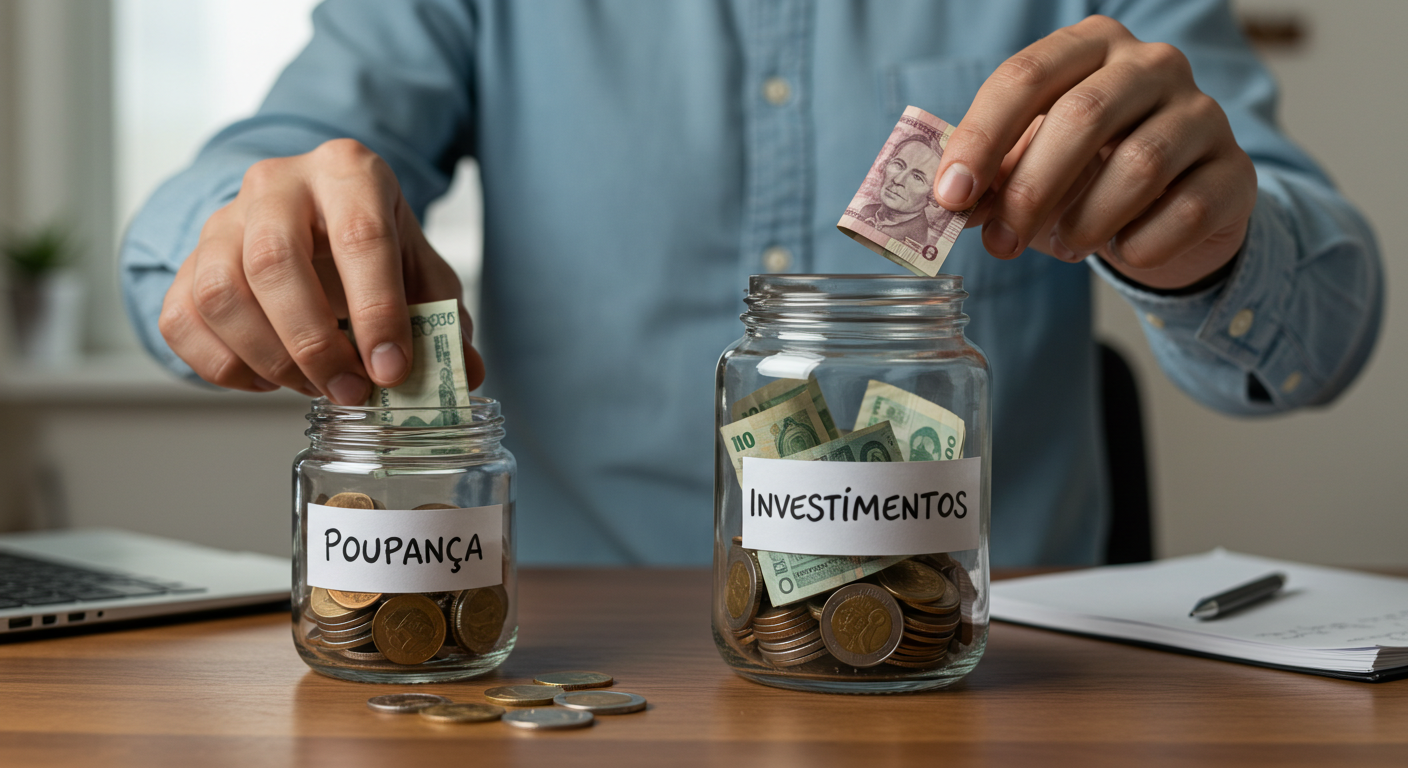Mãos transferindo dinheiro de um pote de poupança para um pote de investimentos, simbolizando a transição para rentabilizar mais.