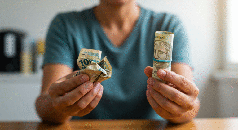 Mãos trocando um maço de contas de dívidas antigas por uma nota de dinheiro de um novo empréstimo, simbolizando alívio e organização financeira.