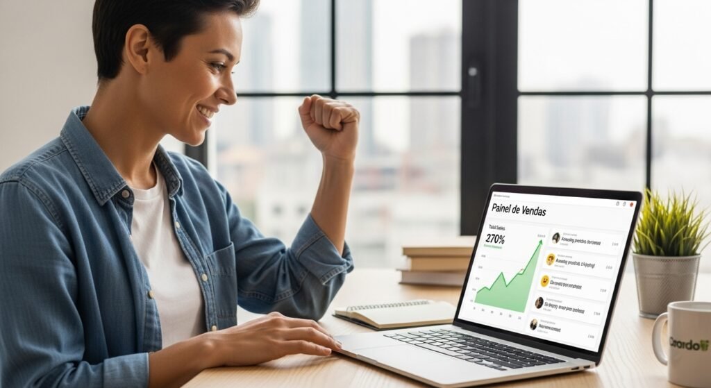 Pessoa analisando resultados positivos de vendas online de sua nova fonte de renda.