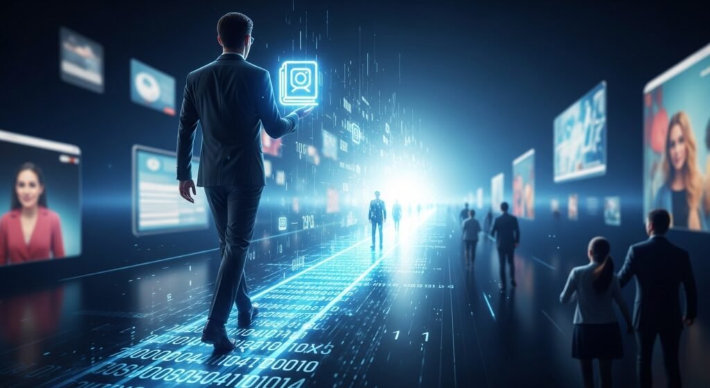 Pessoa caminhando em direção a um mercado digital, simbolizando a venda e escalabilidade de infoprodutos e como ganhar dinheiro com infoprodutos.