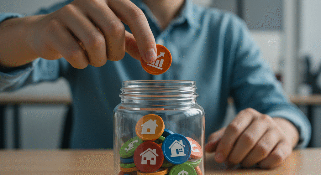 Mão de pessoa jovem alocando diferentes ativos financeiros para construir uma carteira de investimentos diversificada.