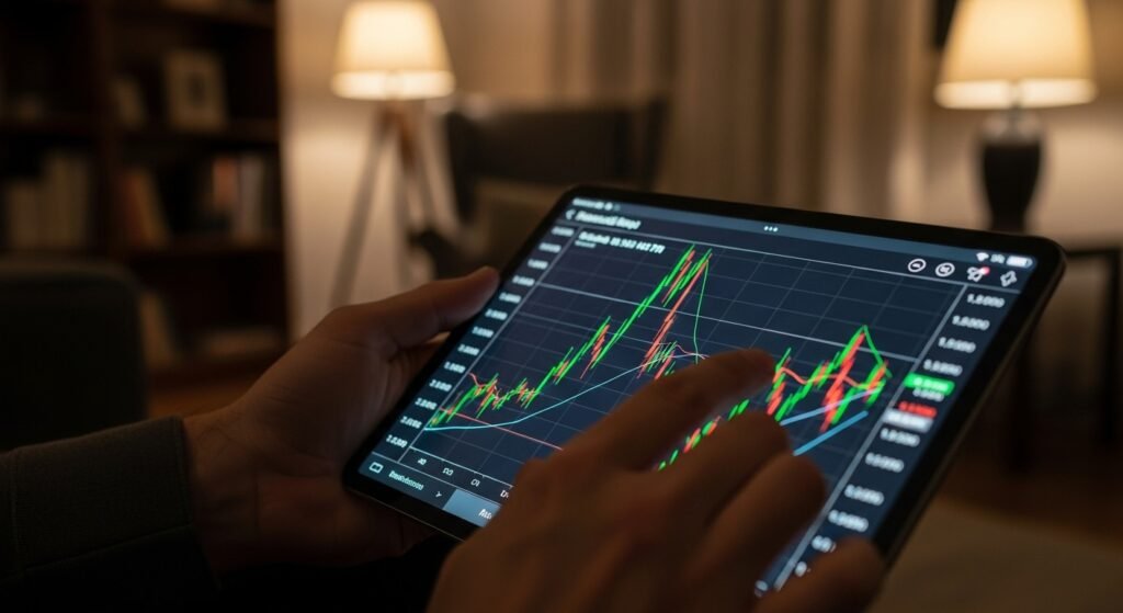 Pessoa analisando um gráfico de riscos e retorno em um tablet para avaliar investimentos.