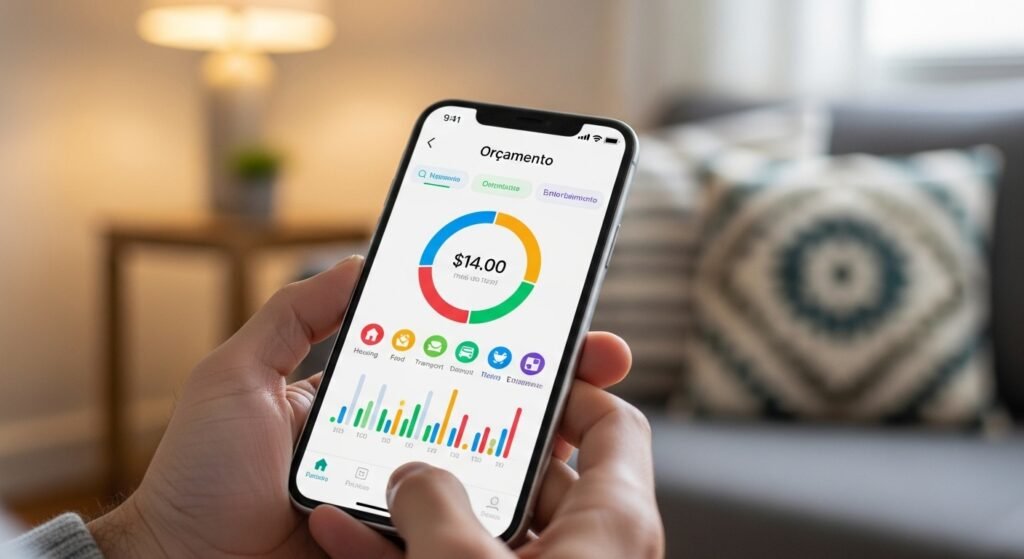 Pessoa utilizando um aplicativo de finanças no celular, uma ferramenta prática para a alfabetização financeira.