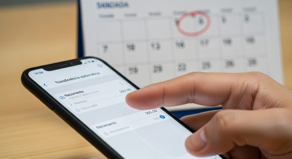 Pessoa usando um aplicativo de banco no celular para automatizar transferências, uma dica de como dividir o salário eficientemente.