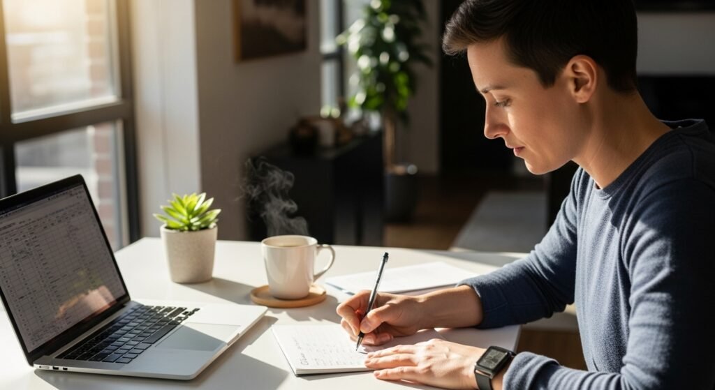 Um profissional a fazer o cálculo de preço de serviço, um passo importante de como precificar um serviço.