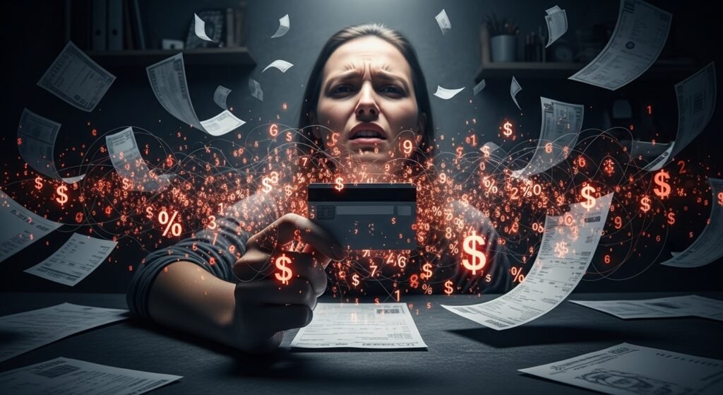 Pessoa estressada com dívidas de cartão de crédito, simbolizando os erros financeiros.