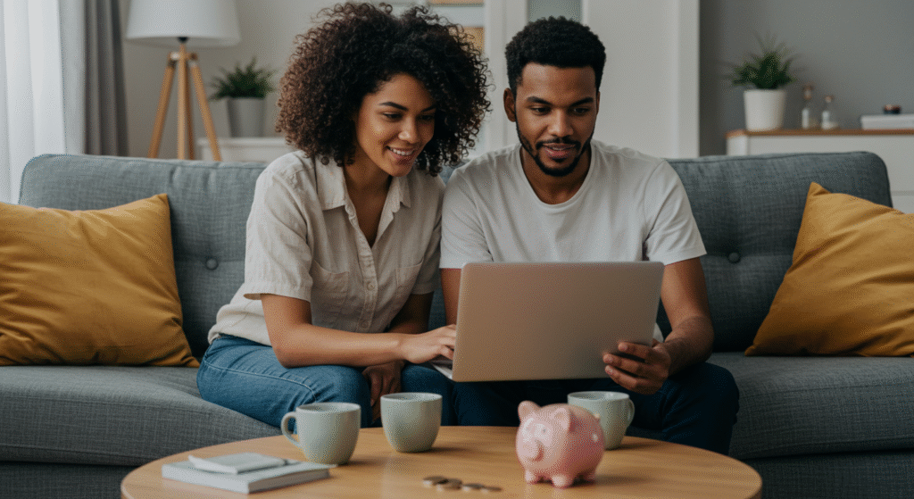 Casal organizando um orçamento conjunto em um laptop, um passo crucial para gerenciar as finanças para casais de forma eficaz e alcançar objetivos em comum.