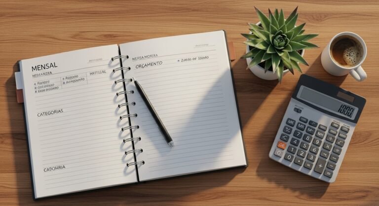 Guia completo sobre como dividir o salário, mostrando uma mesa organizada com um planner financeiro.