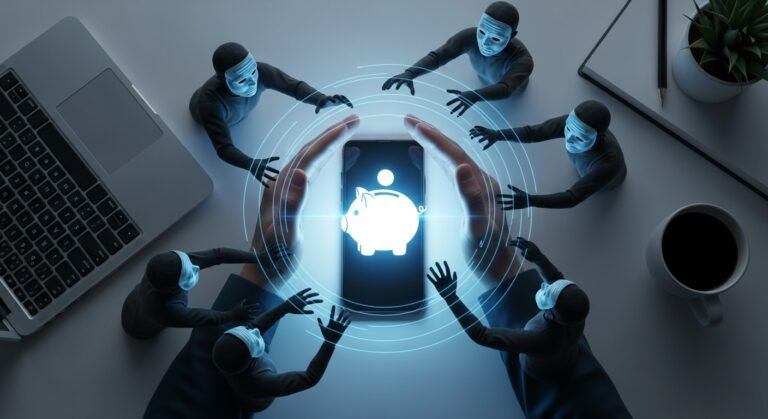 Uma pessoa protegendo suas finanças em um smartphone, ilustrando como evitar golpes financeiros.