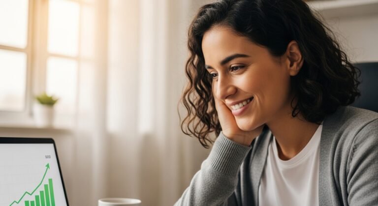 Mulher sorrindo de alívio em frente ao notebook após aprender como limpar o nome no Serasa.