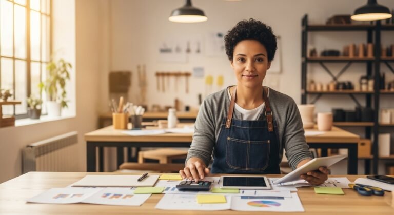 Um guia completo sobre como precificar um serviço, mostrando um empreendedor calculando o valor do seu trabalho.