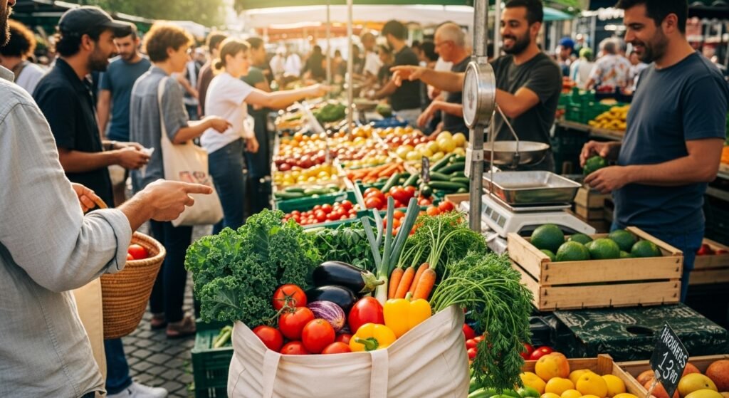 Compras a granel em feira local, uma das dicas práticas de economia circular para evitar embalagens.