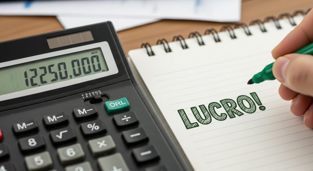 Resultado positivo da boa gestão de finanças para empreendedores, com calculadora mostrando lucro.