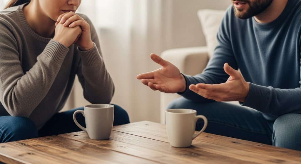 Duas pessoas tendo uma conversa séria e calma sobre dinheiro, representando o diálogo necessário para lidar com dívidas emocionais.