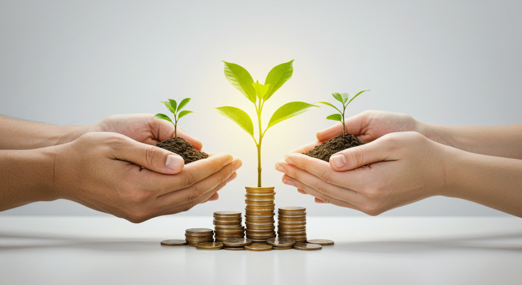 Mãos de um casal segurando uma planta crescendo de moedas, simbolizando o crescimento sustentável e o cuidado mútuo com as finanças para casais.