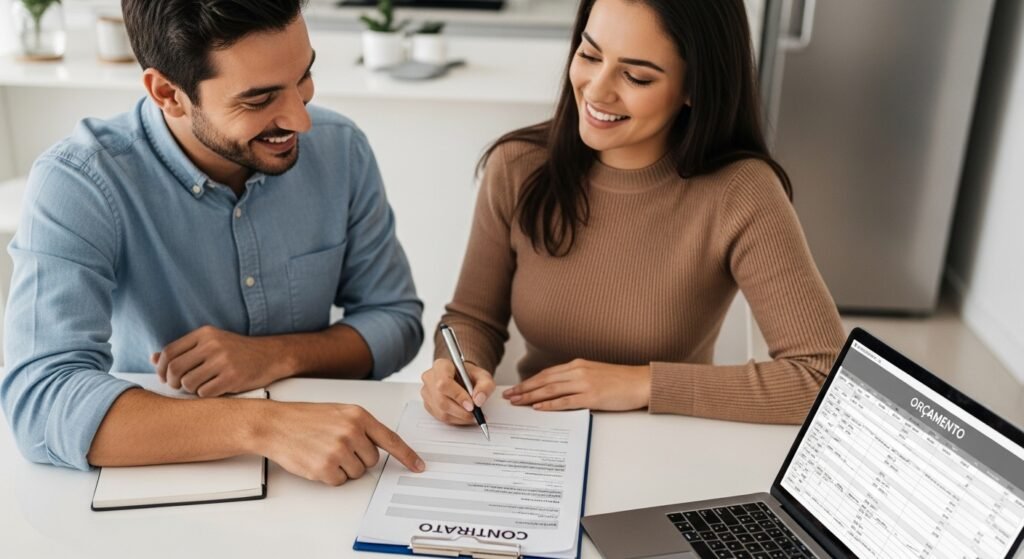 Um casal analisa um contrato com atenção antes de assinar, demonstrando a importância de entender os riscos do refinanciamento de dívidas.