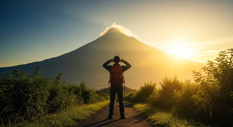 Uma pessoa de costas para a câmera, olhando para um caminho claro que leva ao topo de uma montanha, simbolizando o sucesso alcançado com a disciplina nas finanças.