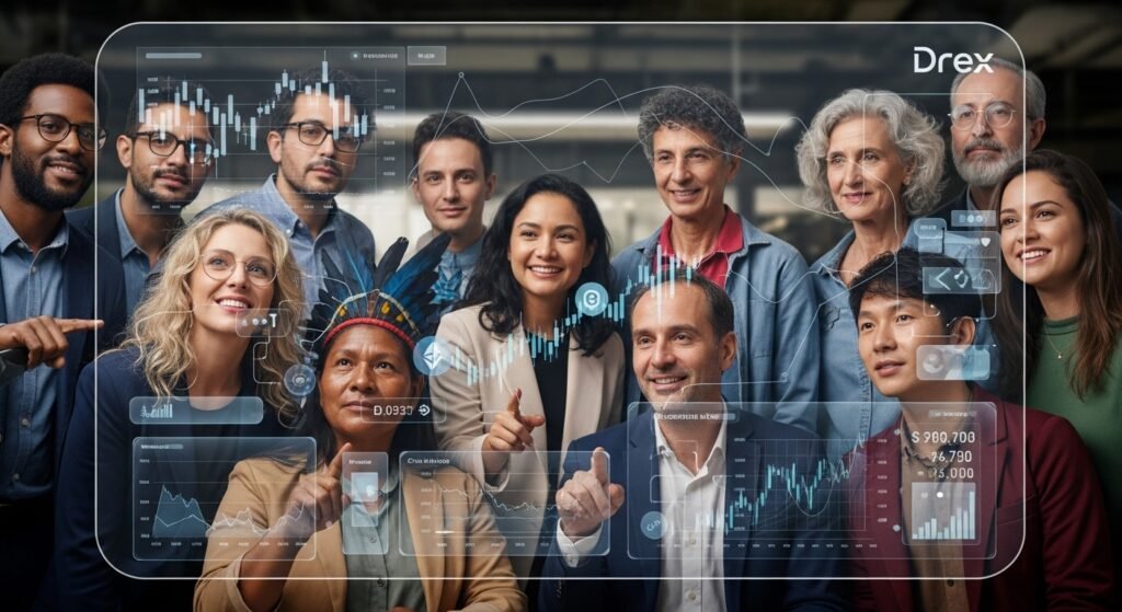 O que é o Drex: pessoas analisando gráficos de investimentos, mostrando a democratização financeira que o Real Digital pode trazer.