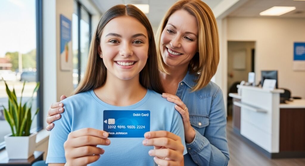 Adolescente recebendo seu primeiro cartão de débito, um passo importante na educação financeira para crianças.