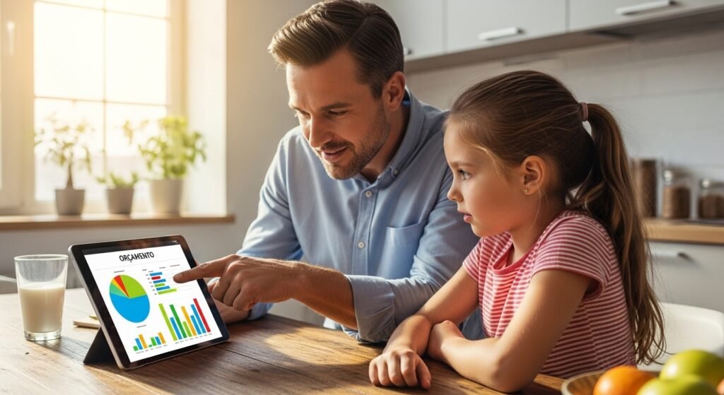 Pai ensinando educação financeira para a filha em casa.