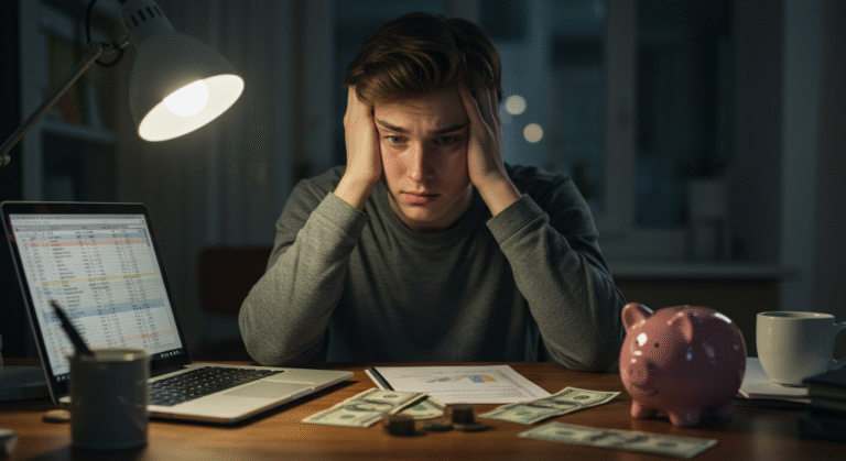 Jovem adulto refletindo sobre erros financeiros e buscando soluções para sua vida financeira.