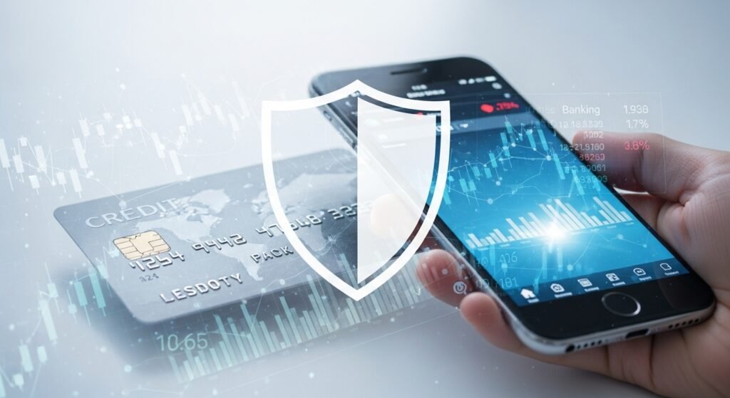 Um escudo digital protegendo um cartão e um smartphone, simbolizando estratégias de como evitar golpes financeiros.