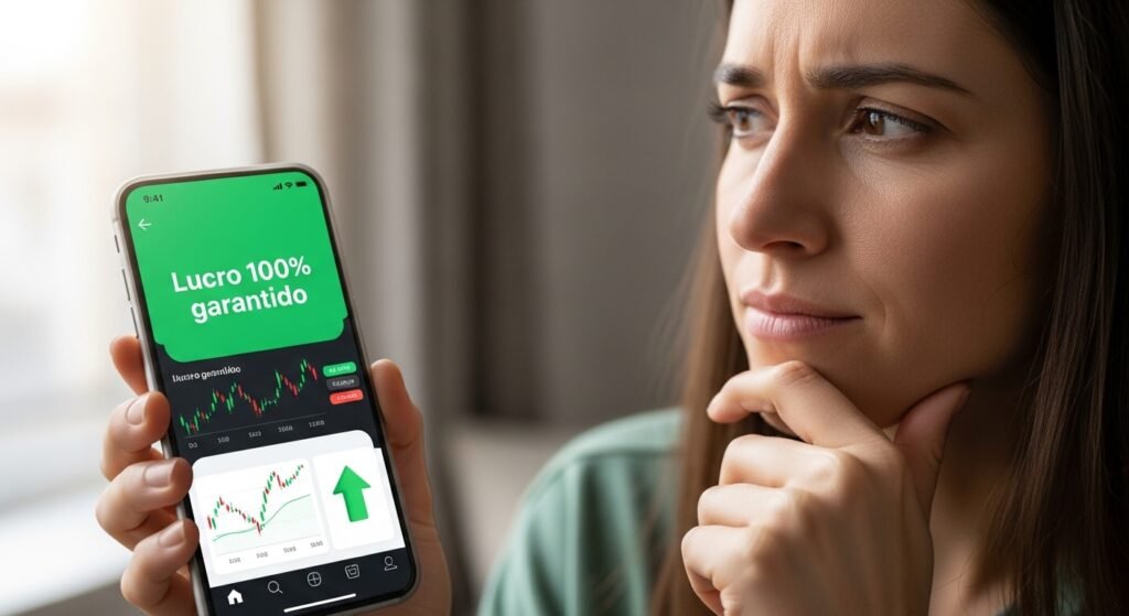 Pessoa desconfiada olhando para um aplicativo de falso investimento no celular, um dos tipos de golpes financeiros mais comuns.