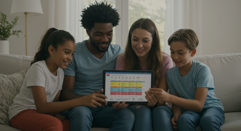 Uma família sorrindo enquanto planeja o orçamento familiar em um tablet.