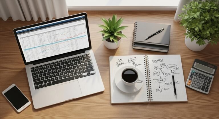 Finanças para empreendedores: mesa de trabalho organizada com laptop exibindo uma planilha financeira, simbolizando planejamento.