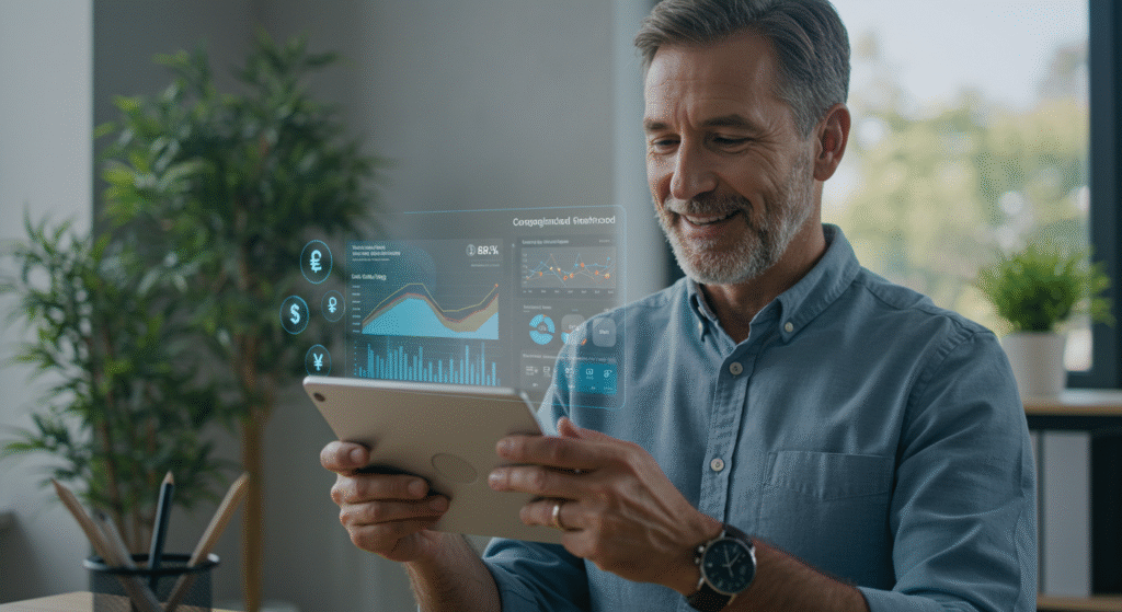 Uma pessoa gerencia suas finanças de forma unificada em um tablet, ilustrando a facilidade e o controle do que é Open Finance.