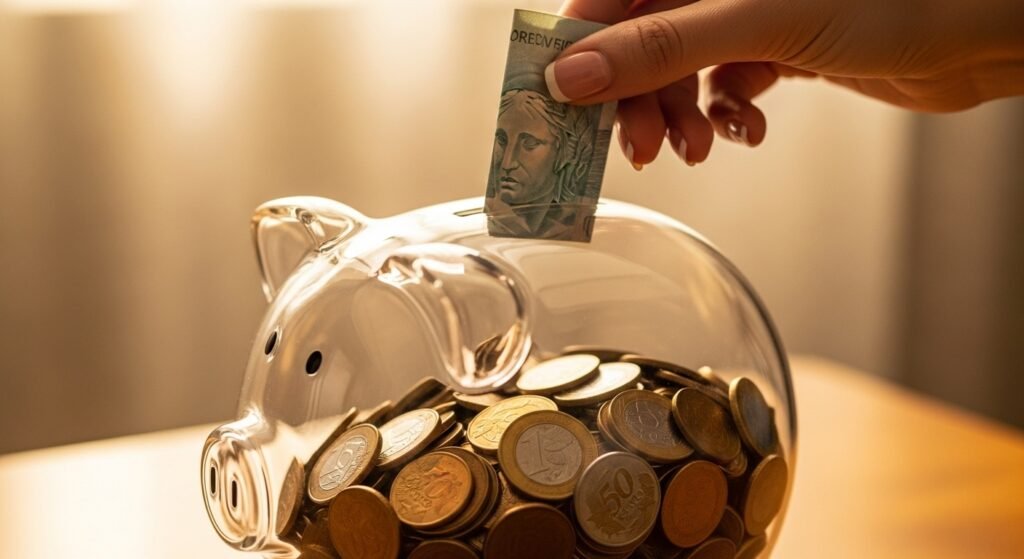 Mão colocando uma moeda em um cofrinho quase cheio, representando a construção de hábitos financeiros positivos através da disciplina nas finanças.