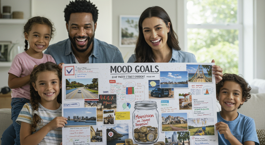 Família feliz olhando para um painel de visualização com metas de orçamento familiar.