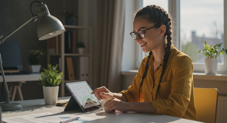 Mulher empreendedora sorrindo, organizando a contabilidade MEI em um tablet, com gráficos financeiros positivos.