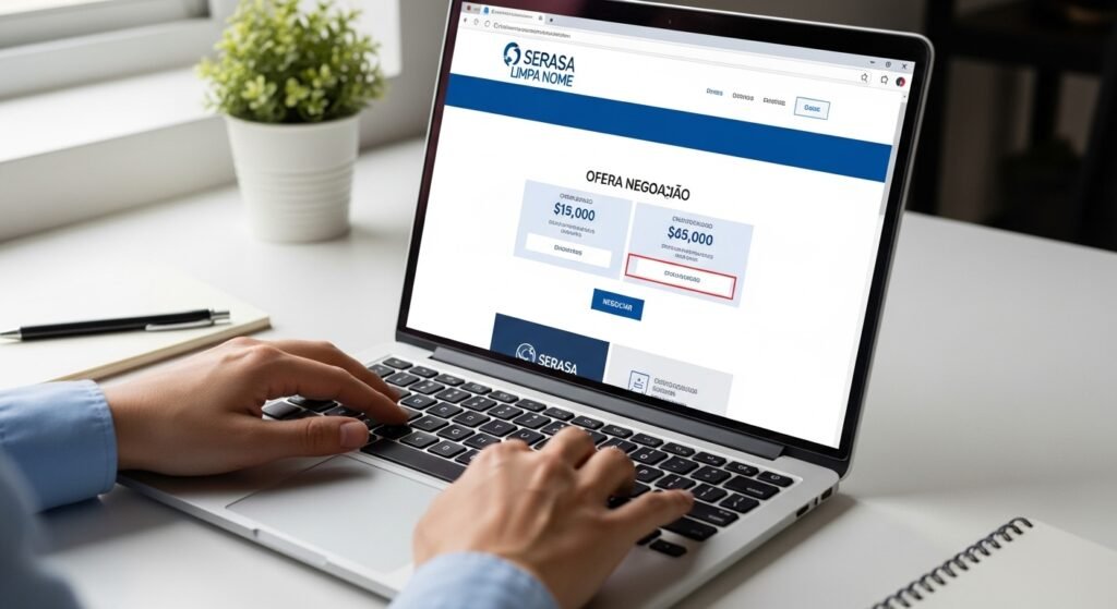Pessoa usando o notebook para negociar dívidas e aprender como limpar o nome no Serasa através da plataforma online.