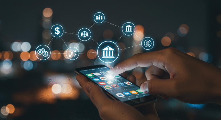 O que é Open Finance, com um smartphone conectando diferentes instituições financeiras, representando a nova era da gestão de dados bancários.