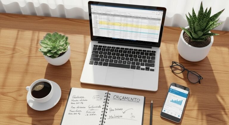 Organização financeira para autônomos: um guia completo sobre uma mesa de trabalho organizada.