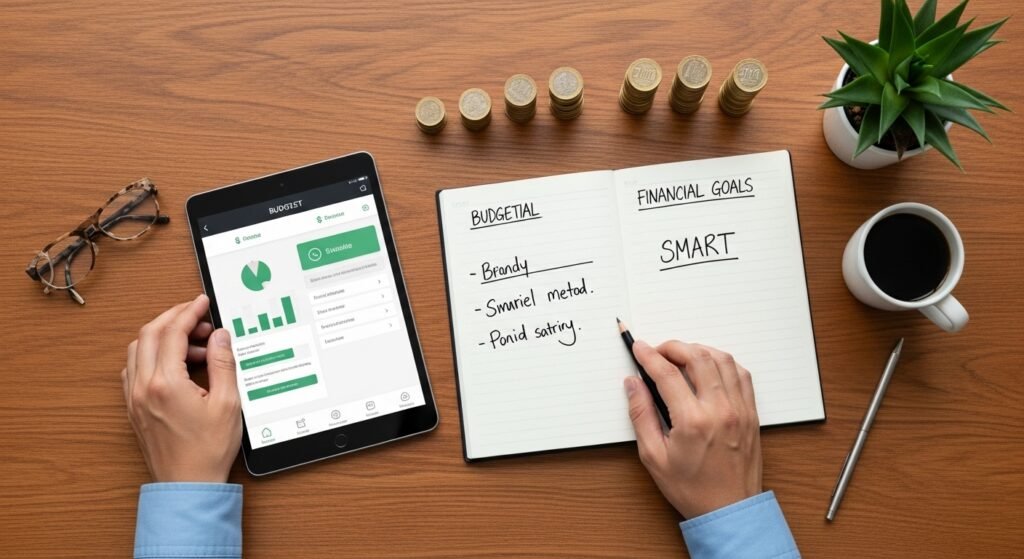Mãos de uma pessoa organizando seu planejamento financeiro sobre uma mesa, demonstrando a importância da disciplina nas finanças.