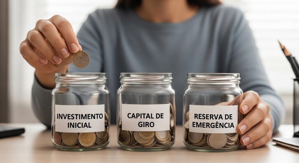 Conceitos de finanças para empreendedores: mãos separando moedas em potes de investimento, capital de giro e reserva.