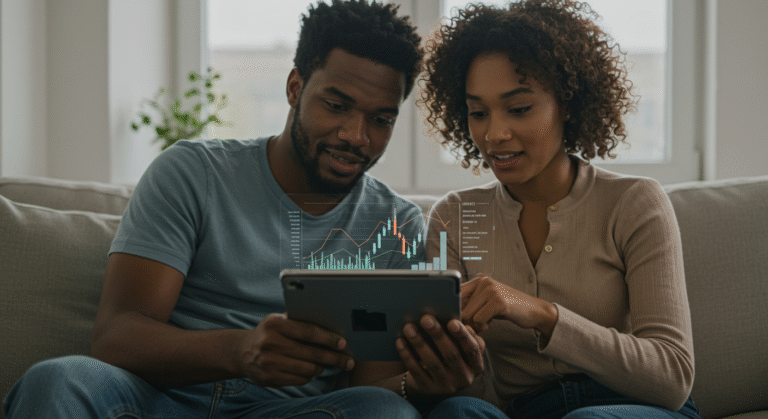 Casal sorridente e em harmonia planejando suas finanças para casais em um tablet, ilustrando a importância da parceria financeira para um futuro próspero.