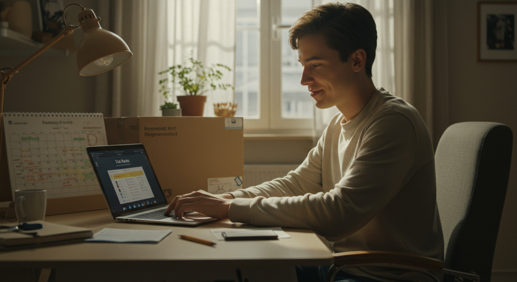 Pessoa de 30 anos em um escritório planejado, observando uma planilha financeira no computador com um calendário ao lado, simbolizando o planejamento estratégico do parcelamento para uma grande compra, como a caixa de um eletrodoméstico nova.