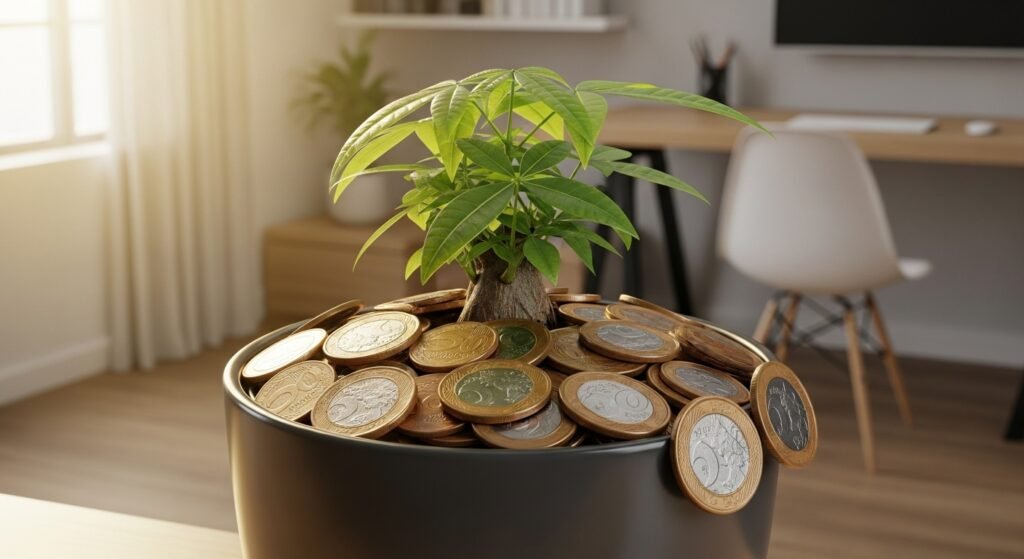 Uma planta crescendo em um vaso de moedas, representando investimentos que protegem o dinheiro do IPCA-15 e da inflação.