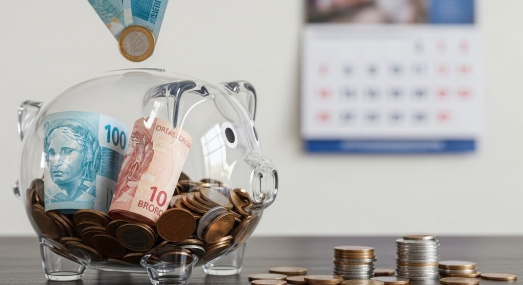 Um cofrinho transparente sendo preenchido com dinheiro, simbolizando a criação de uma reserva de emergência como parte da organização financeira para autônomos.