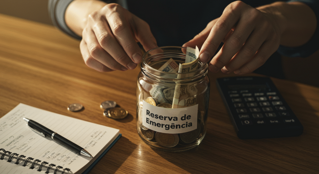 Mãos colocando dinheiro em um pote de vidro de reserva de emergência, exemplificando o planejamento financeiro da contabilidade MEI.