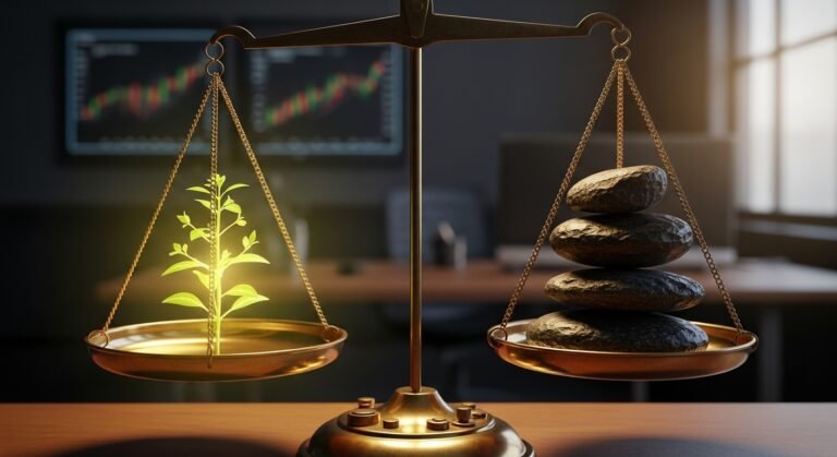 Balança equilibrando riscos e retorno nos investimentos, com uma planta de um lado e pedras do outro.