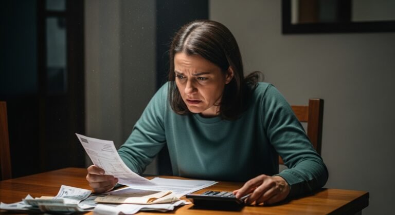 Uma pessoa sentada à mesa, analisando contas com uma expressão preocupada, ilustrando os riscos do refinanciamento de dívidas.