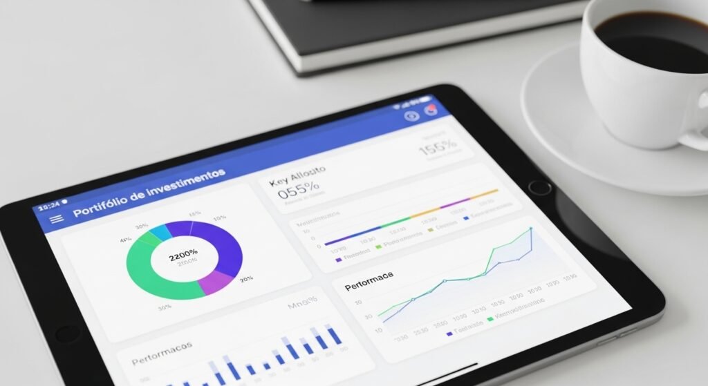Tela de um aplicativo em um tablet mostrando como acompanhar os investimentos de forma organizada.