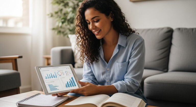 Mulher estudando em um tablet sobre onde aprender sobre investimentos de forma segura em um ambiente tranquilo e iluminado.