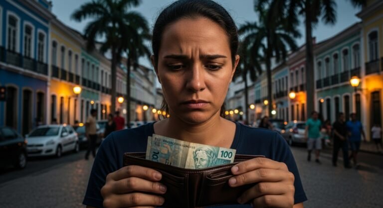 Uma pessoa expressando preocupação ao olhar para uma carteira quase vazia, ilustrando a dificuldade com dinheiro do brasileiro.